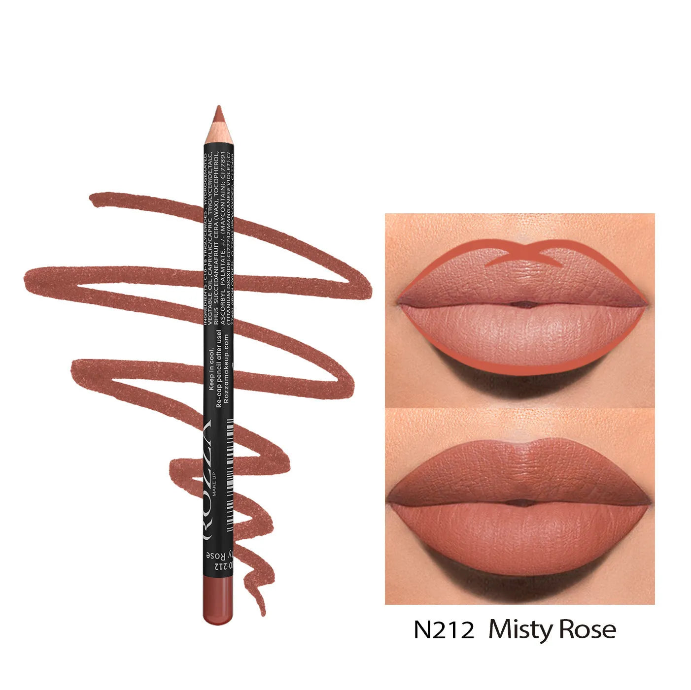 Wooden matte lip liner pencil in various shades showing 24 hour wear and waterproof claim