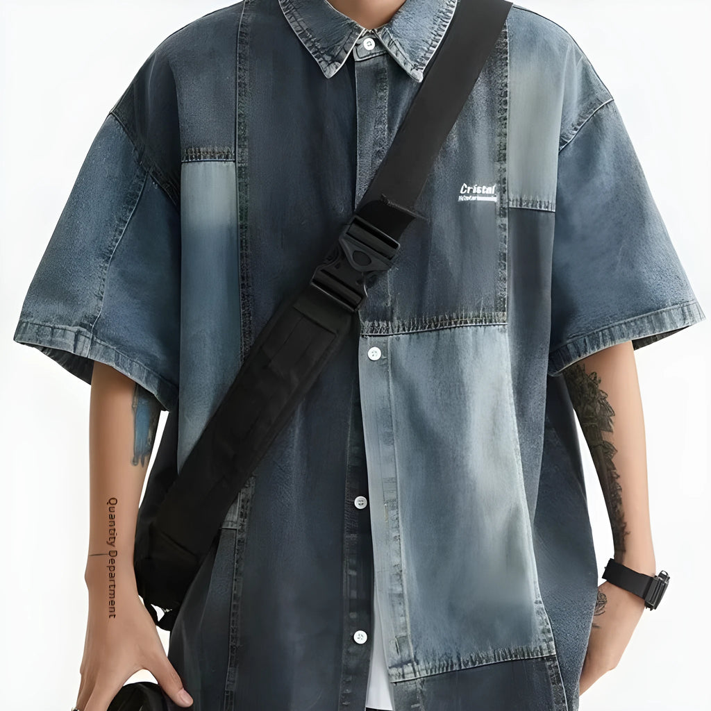 Blue Japanese-style denim shirt with retro washed stitching and loose fit cardigan design for men