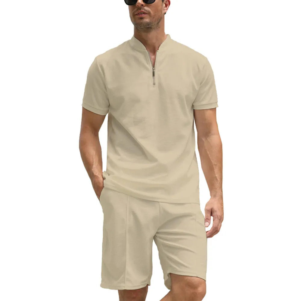 Men's solid colour polo shirt and trousers two-piece suit set in beaded bird's eye polyester fabric