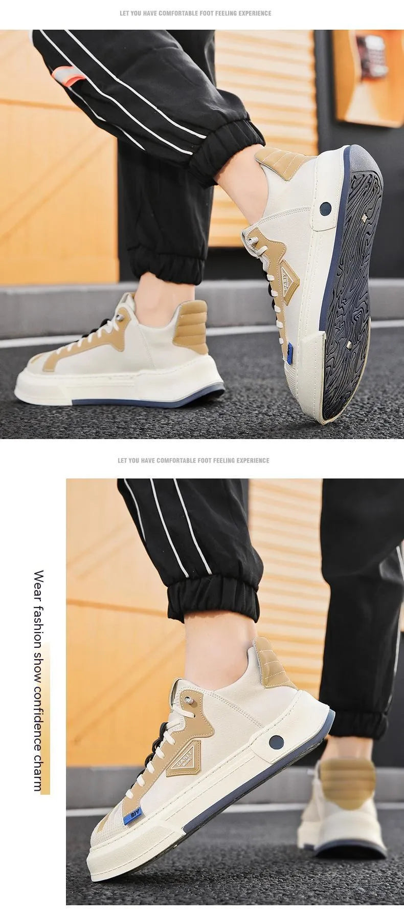 Men's beige low-top casual sneakers with an elastic band fastener and round toe.