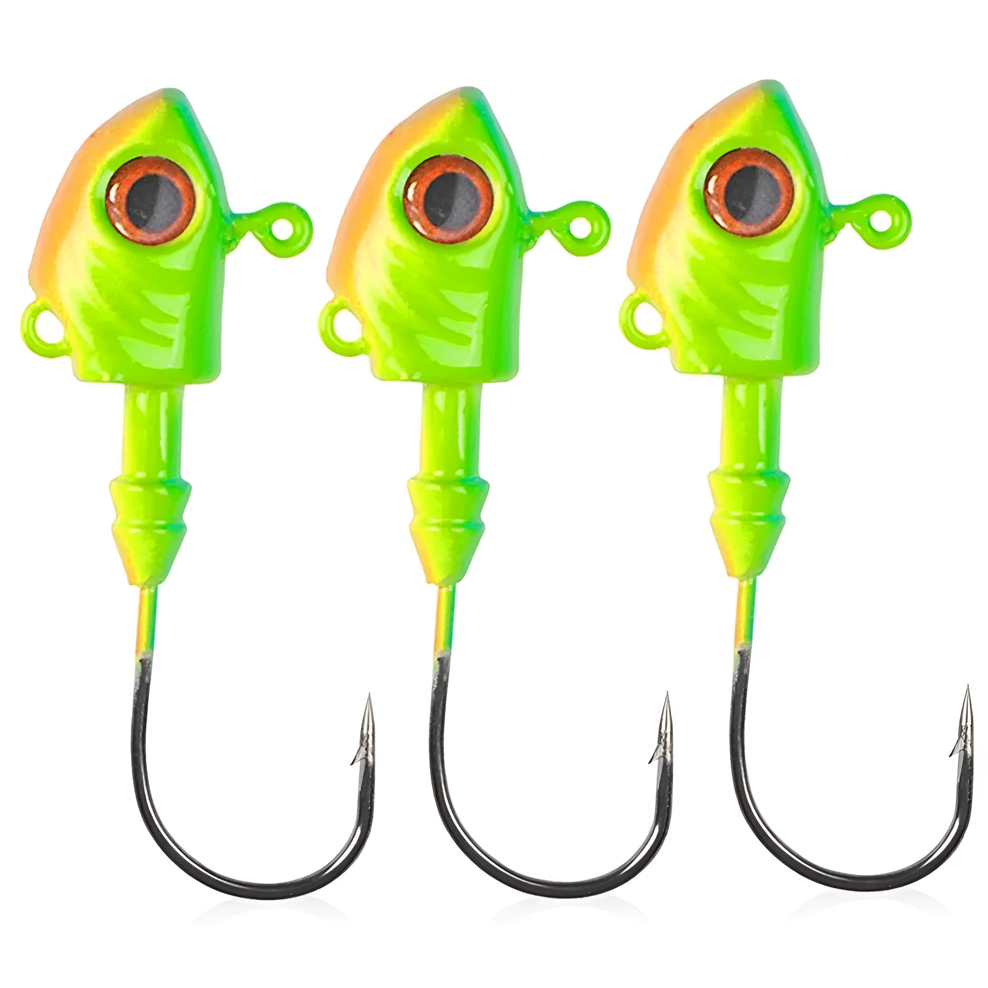 Yayu-shaped lead head fishing jig lure with barbed hook in blue, silver, and yellow colours.
