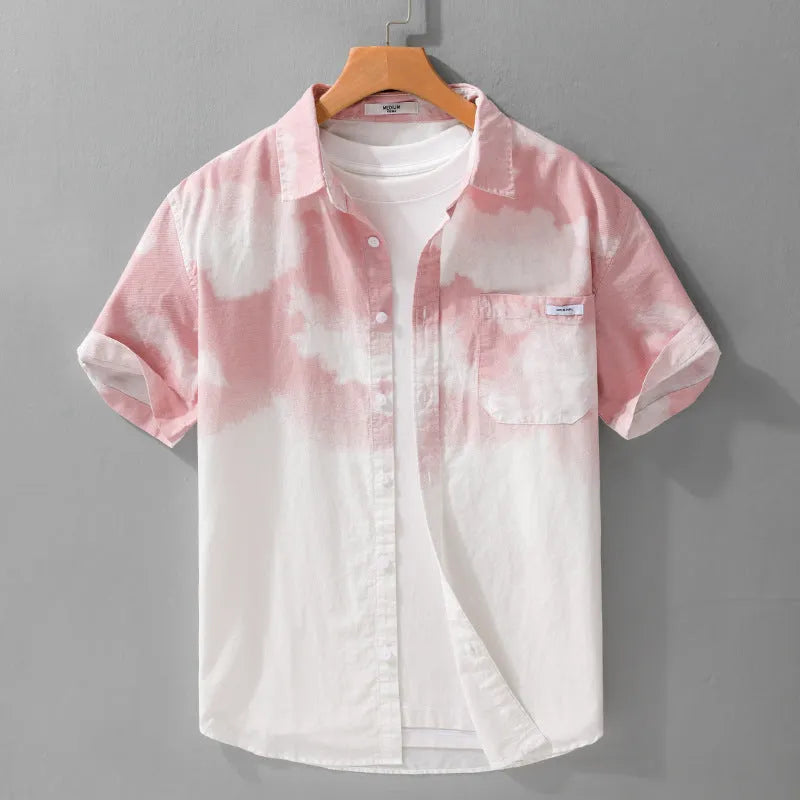 Men's light pink pure cotton short sleeve loose fit cardigan-style shirt
