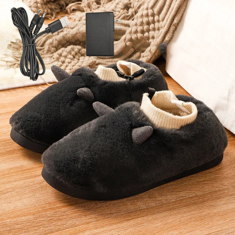 USB electric heating slippers in grey with adjustable temperature control and soft velvet upper.