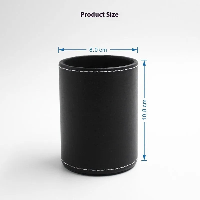 Round black leather pen holder with 8.0cm diameter on a desk