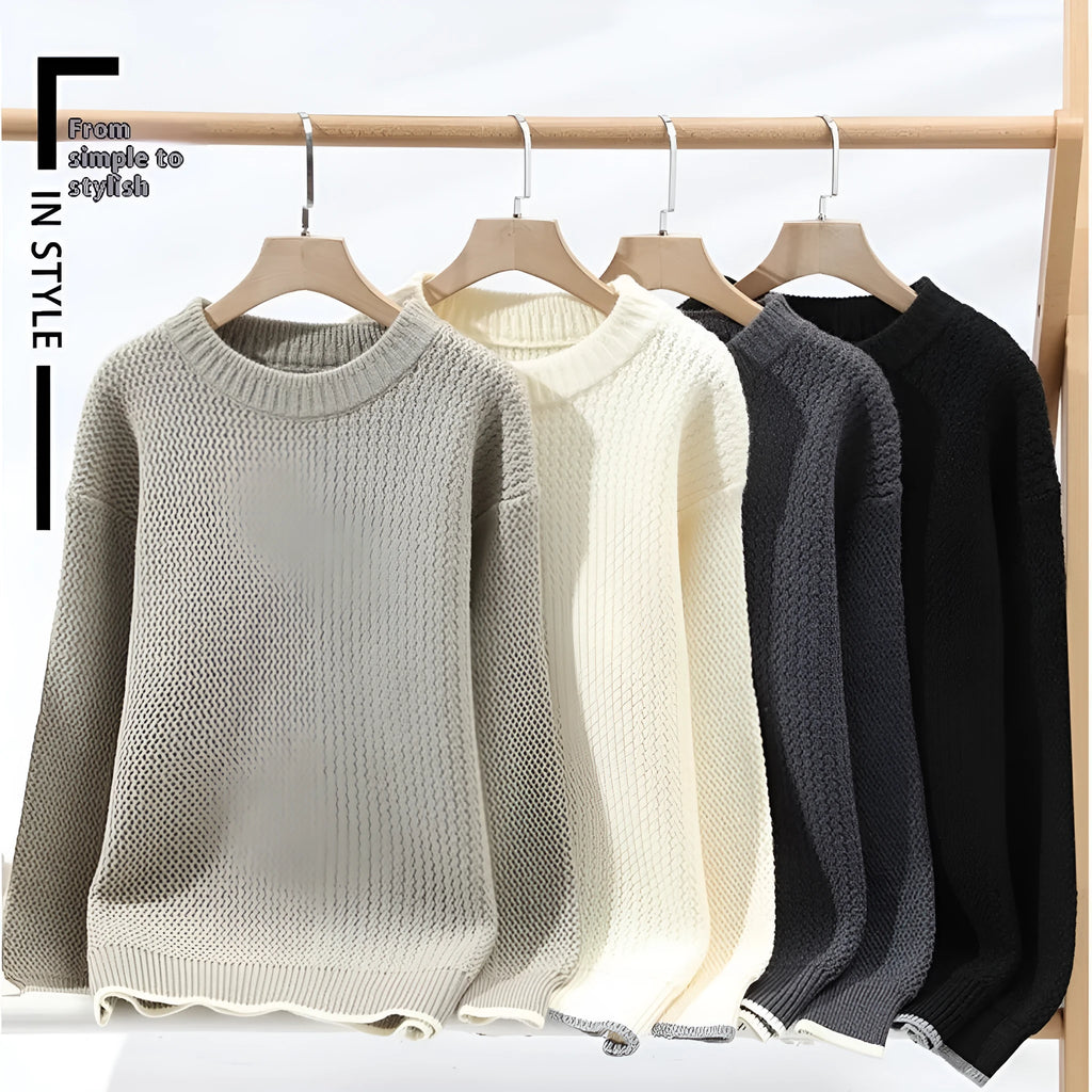 Men's grey loose-fit round neck pullover sweater with long sleeves for casual autumn wear