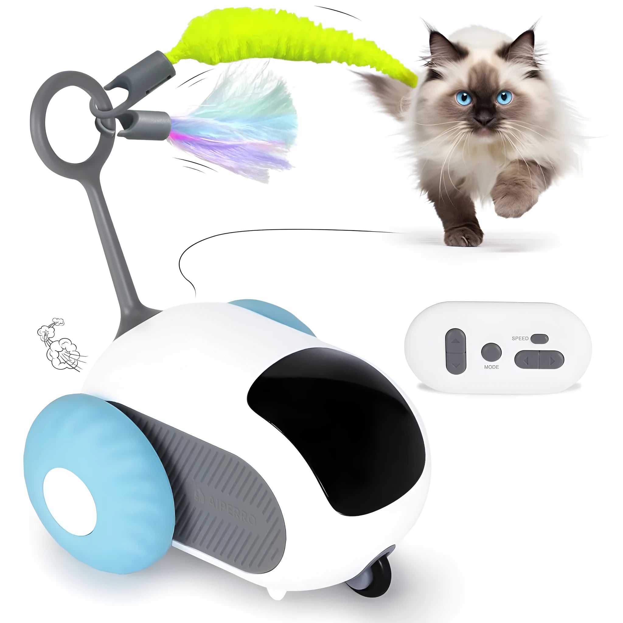 Smart cat toy car with feather teaser in blue and orange colour options
