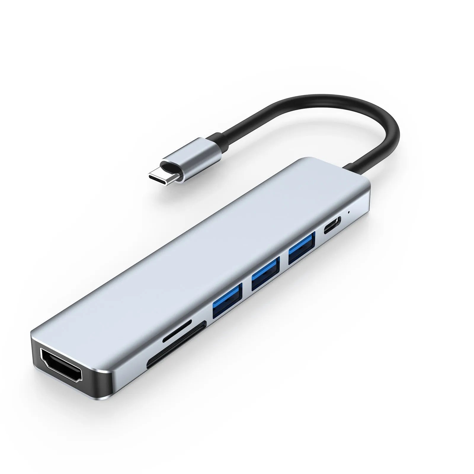 Seven-port Type-C USB expander hub with HDMI, USB ports, SD slots, and 0.145m cable for laptop connectivity