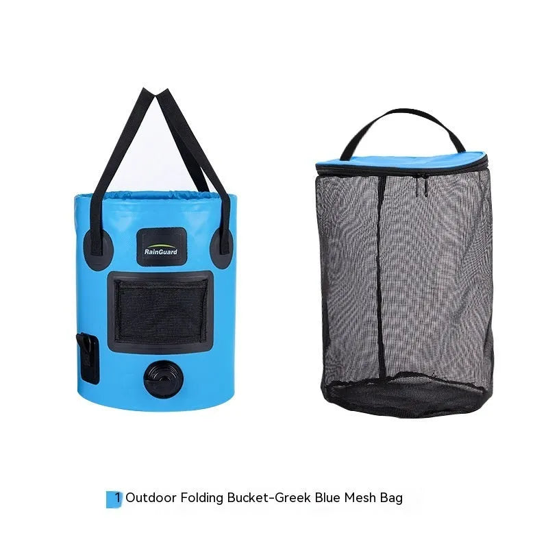 Plastic folding fishing bucket showing collapsible design and colour options with optional net pocket