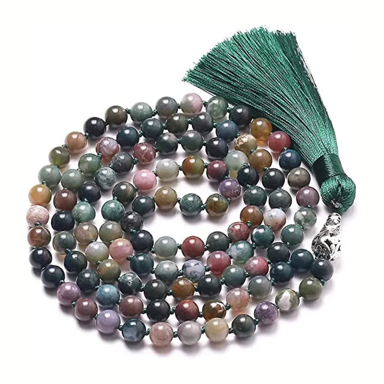 Long multi-strand agate tassel necklace with geometric pattern of amethyst, lapis lazuli, and blue stone beads.