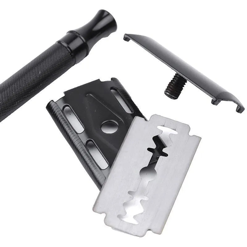 Traditional manual shaving razor with metal scraper and brush in black or silver finish