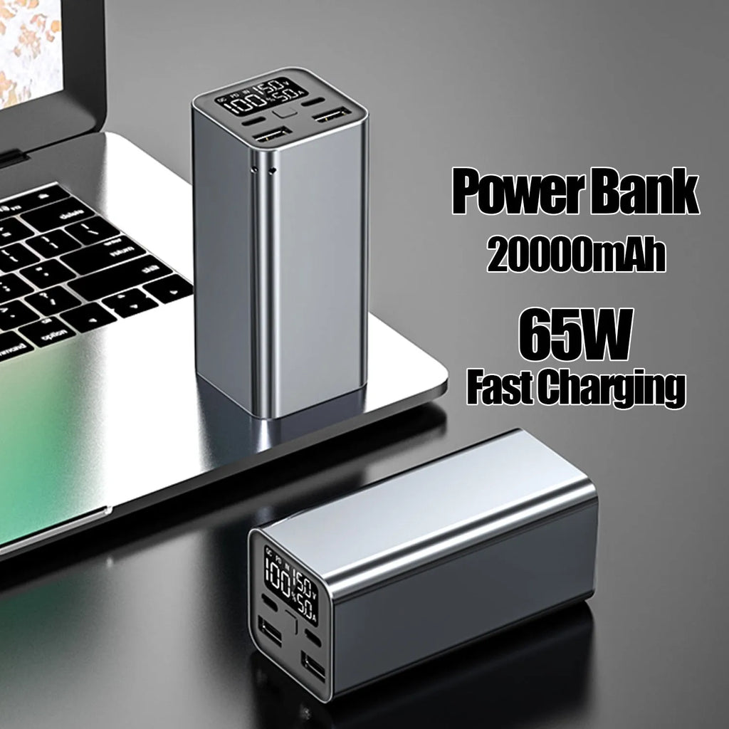 65W high power laptop charging bank with metallic casing showing USB-C port and capacity indicator