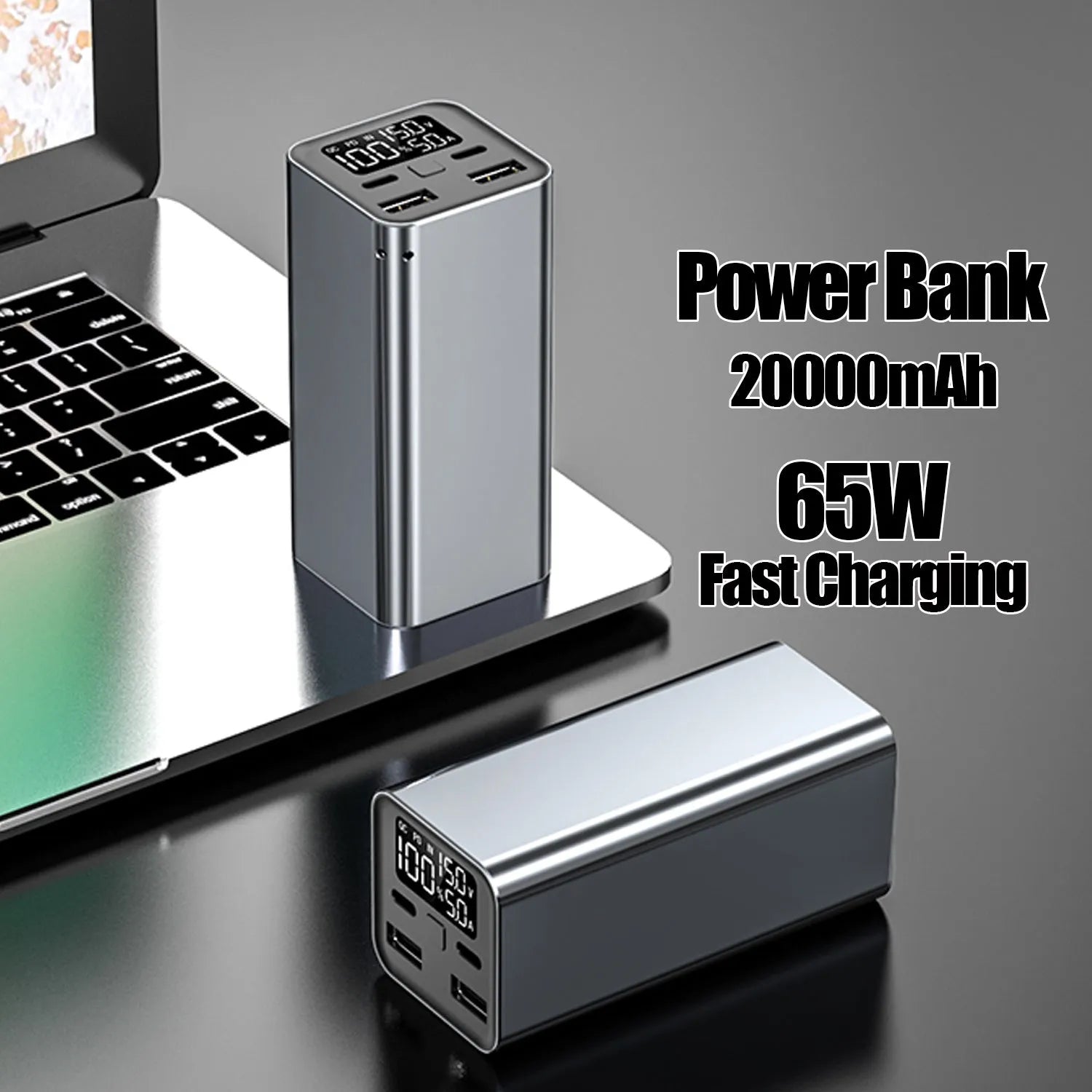 65W high power laptop charging bank with metallic casing showing USB-C port and capacity indicator