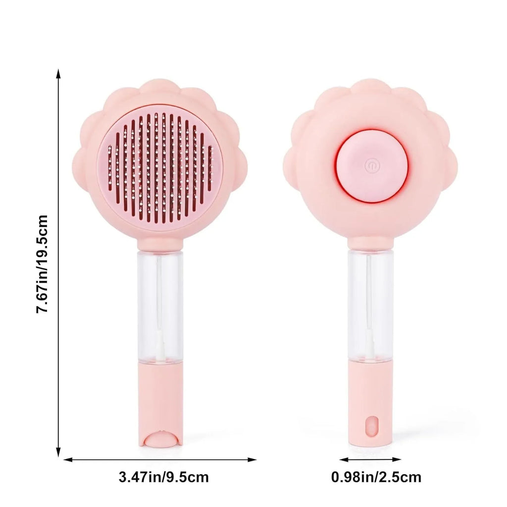 Grey spray cat brush with self-cleaning button and stainless steel bristles on a white background.