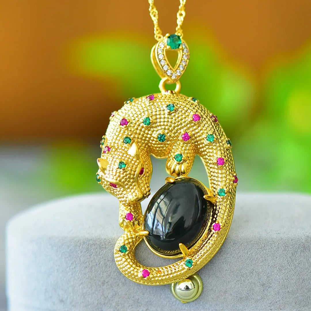Flat natural Hetian Jade pendant with copper inlay design on a necklace chain
