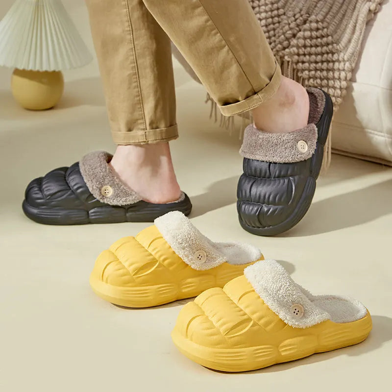 Removable fluffy slippers with EVA upper, non-slip plastic sole, and Velcro fastening in beige