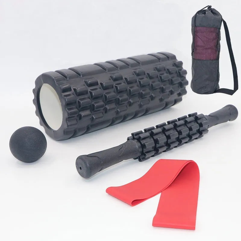 Black foam roller massage bar showing six sections, 33cm long, for muscle therapy.