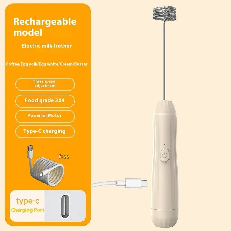 Mini handheld electric milk frother in black, white or khaki colours with USB charging port and stainless steel frothing wand