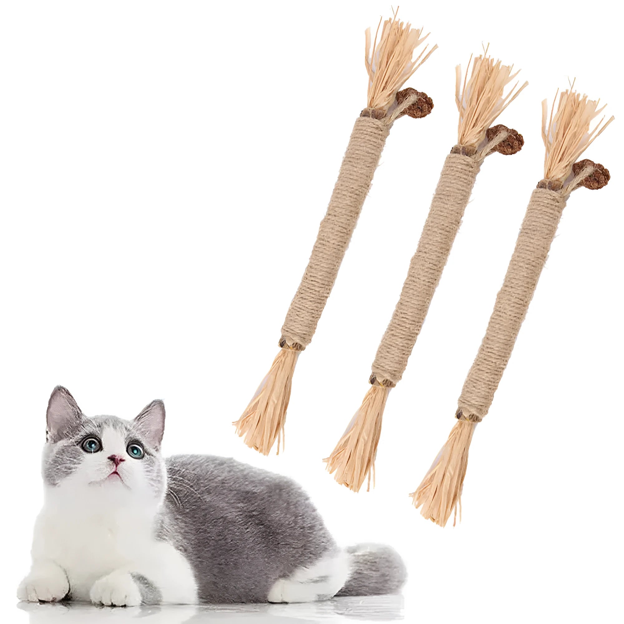 A 3 pack of natural silvervine chew sticks for cats on a wooden surface, showing thick and fine diameter options.