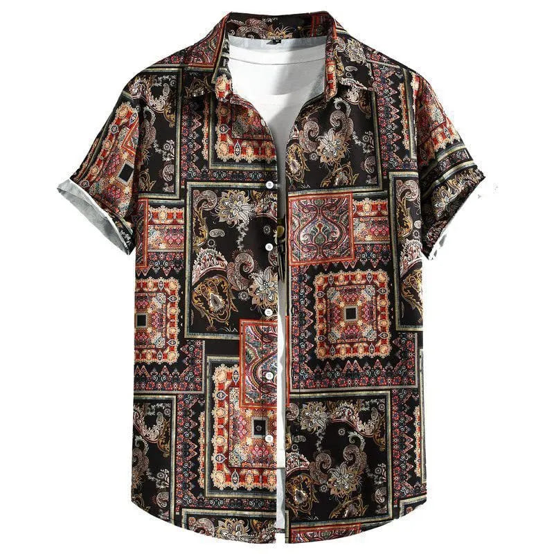 Men's slim fit Hawaiian short sleeve shirt in a cardigan style with digital print pattern.