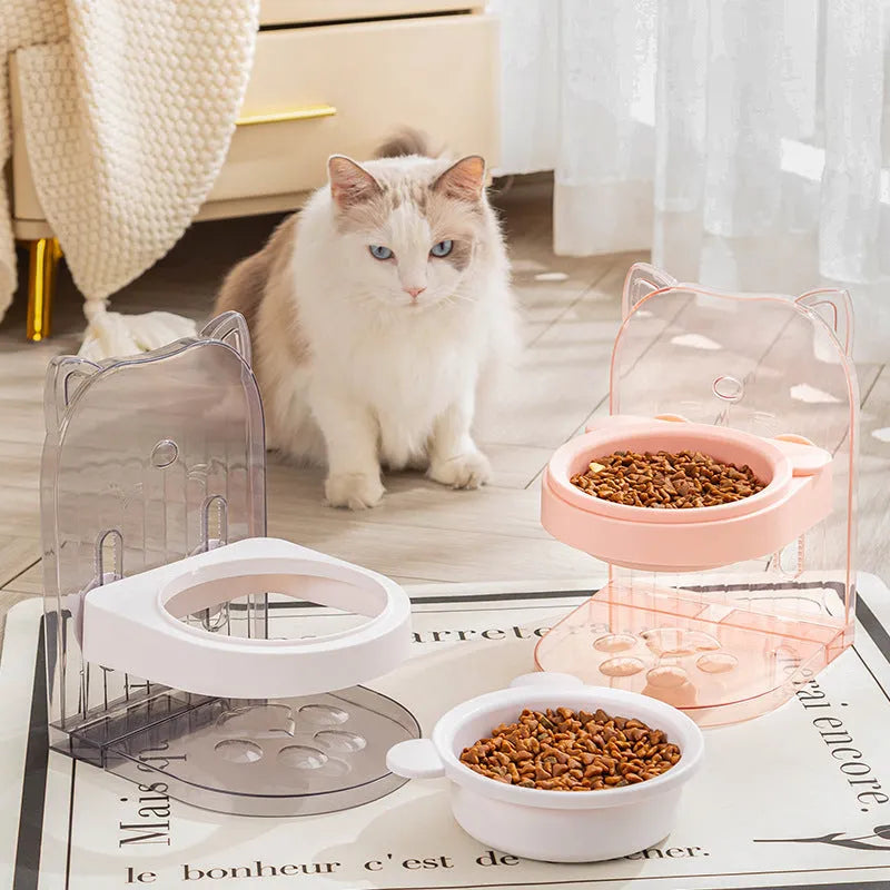 Grey plastic cat feeding bowl with cat ear design and adjustable height mechanism