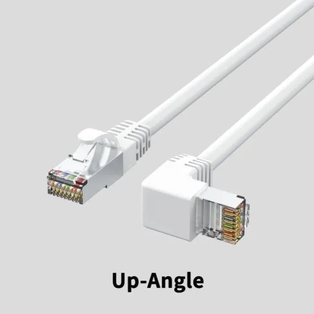 Right-angle Cat6 Ethernet cable with metal RJ45 connectors in various colours and lengths