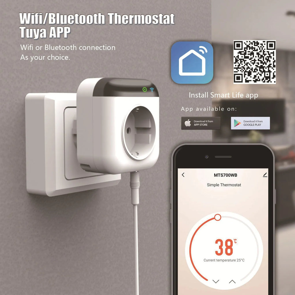 White Tuya smart temperature control socket with US plug and temperature sensor probe