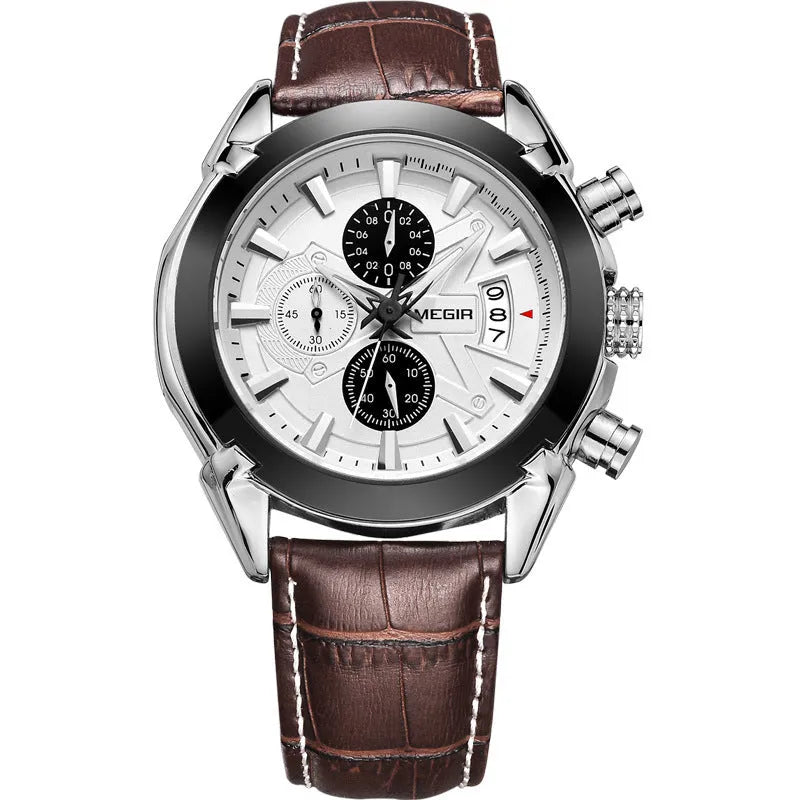 Men's quartz wristwatch with three subdials, six hands, waterproof casing and luminous markers
