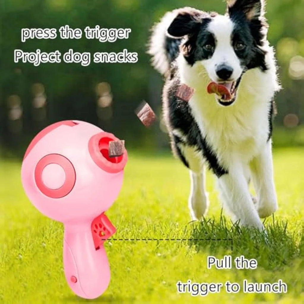 Green dog treat launcher and slow feeder toy for interactive pet training