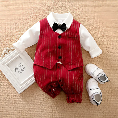 Wine red cotton baby boy romper with long sleeves and single-breasted closure for autumn.