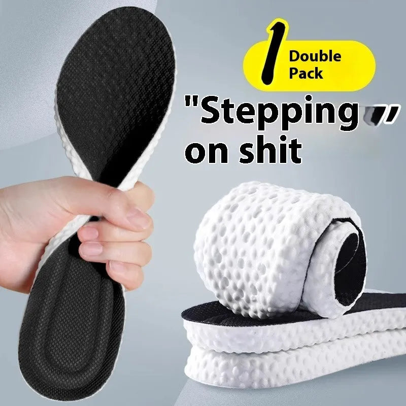 Grey, black, and orange breathable sports insoles made from soft PU material, shown alongside scissors for cut-to-fit sizing.