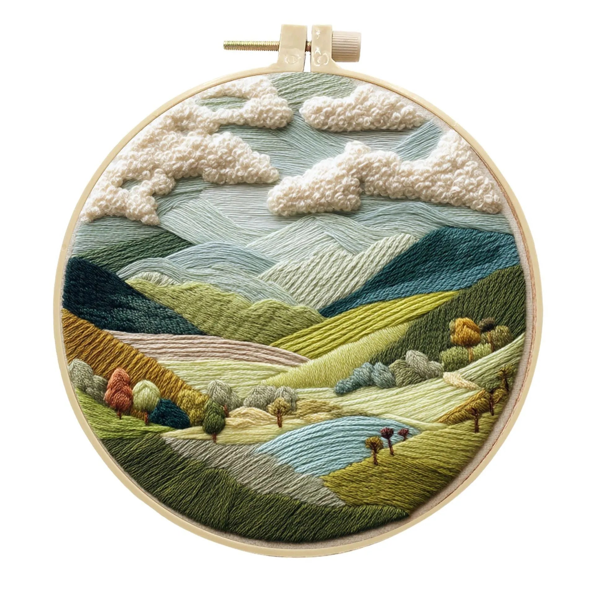 Embroidery DIY kit with printed landscape fabric, embroidery threads, needles, and frame for handmade cloth art