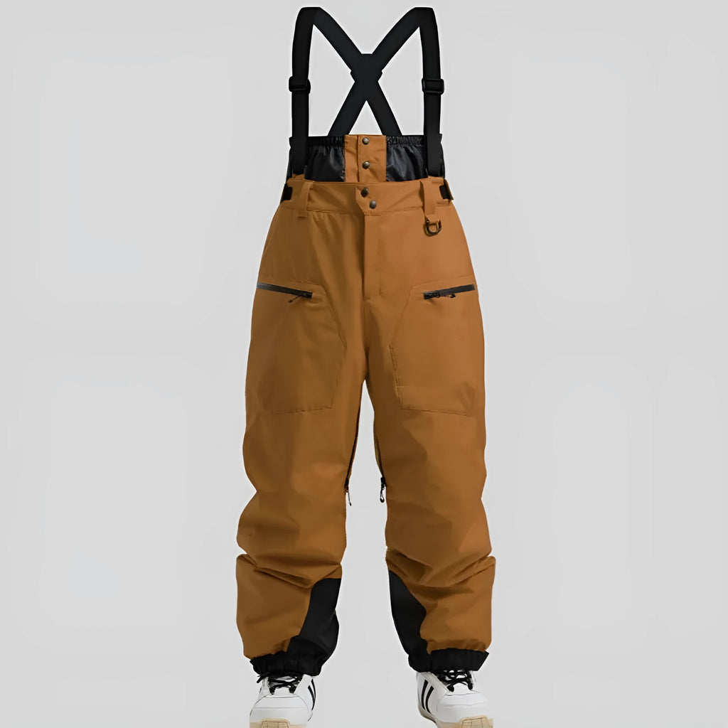 Men's black waterproof ski trousers with adjustable waist strap laid flat