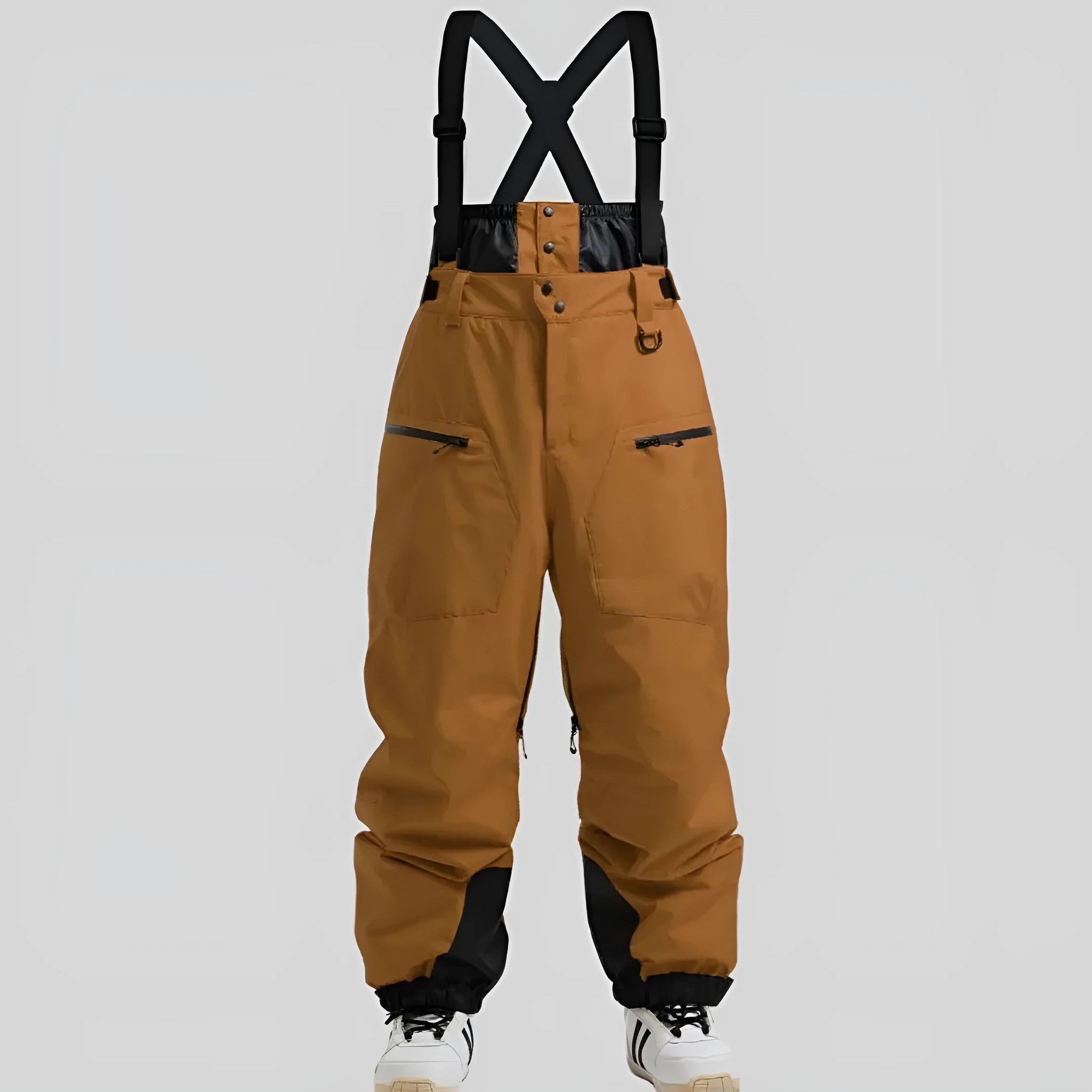 Men's black waterproof ski trousers with adjustable waist strap laid flat