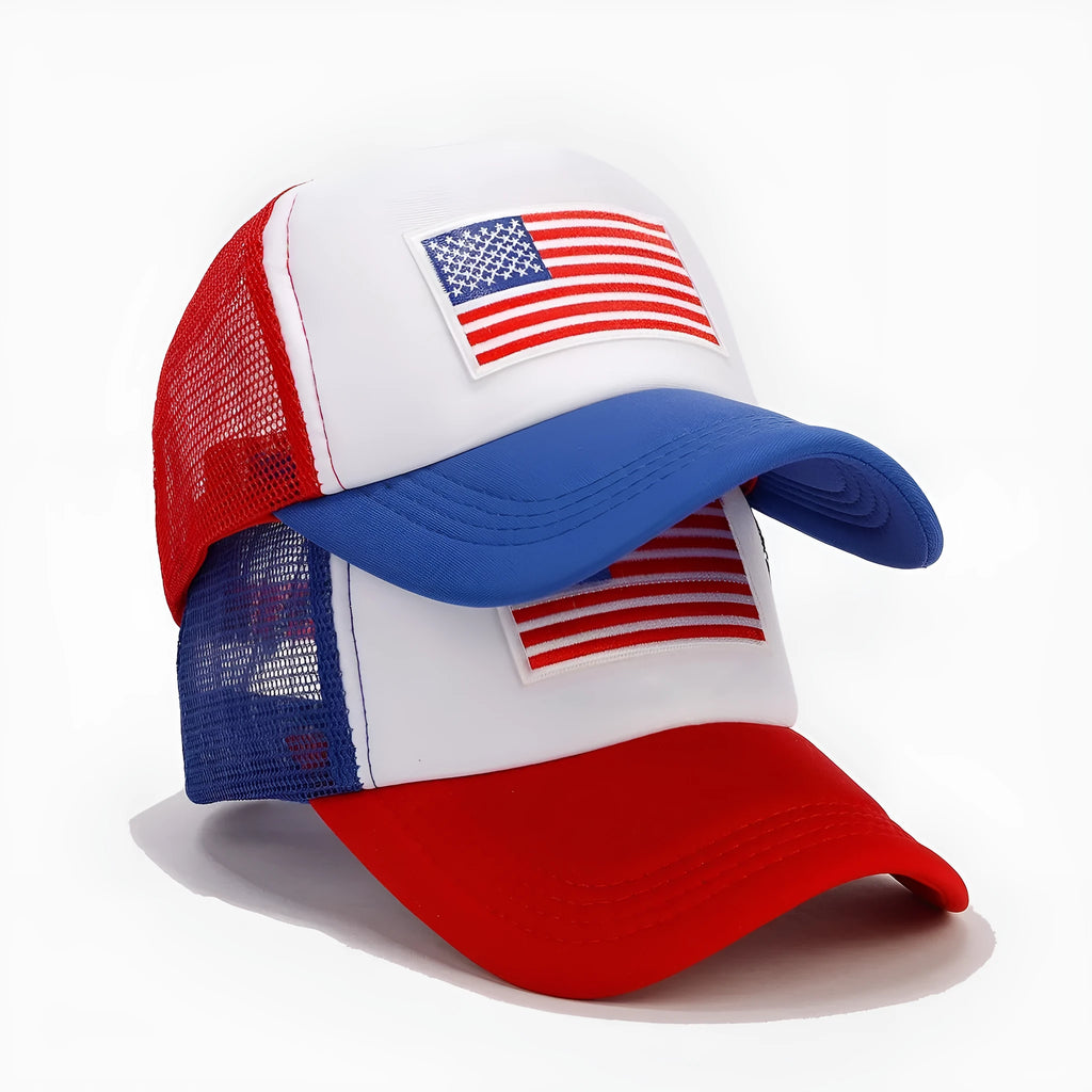 Red and blue dome-crown baseball cap with adjustable strap and breathable mesh design