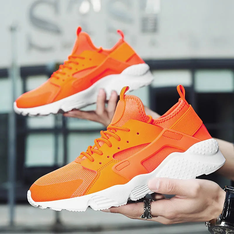 Men's fluorescent casual sneakers with mesh upper, cross shoulder straps and flat sole.