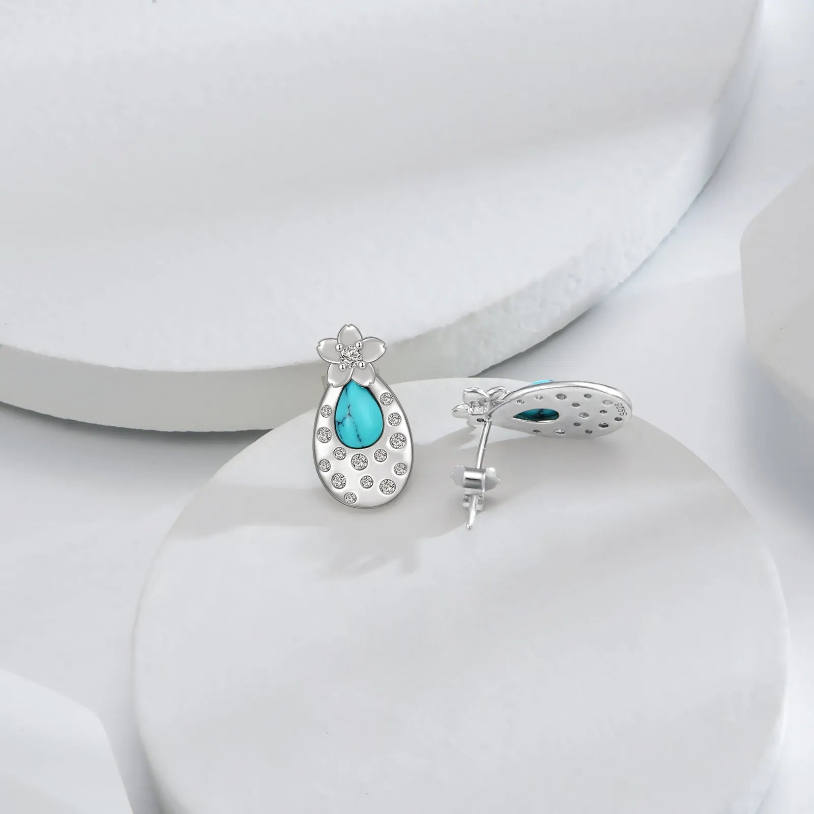 Pair of turquoise cherry blossom 925 sterling silver stud earrings with cubic zirconia, 15.8x8.5mm, white gold plated