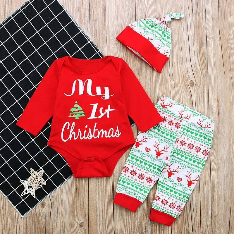 Red long sleeve cotton letter print baby jumpsuit set with pants and hat for heights 70-100