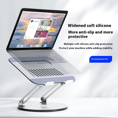 Silver aluminium laptop stand with height adjustment and rotation features