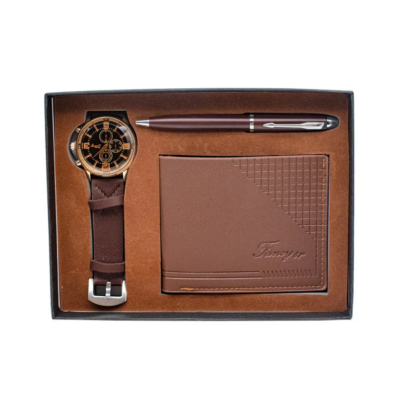 Creative holiday gift set showing wallet, pen and watch in modern simple gift box