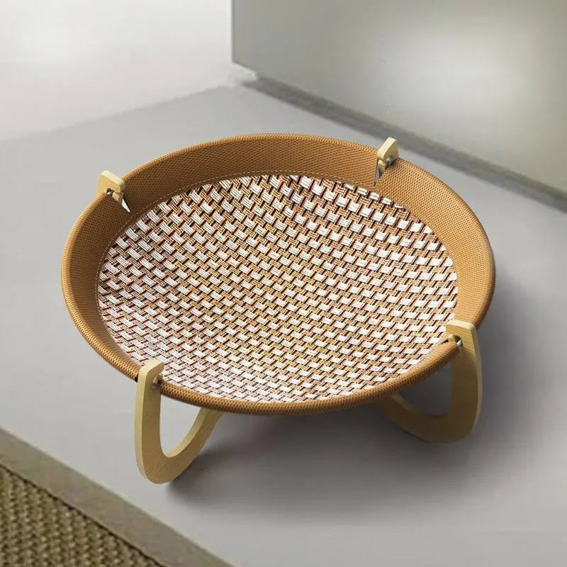 Brown woven rattan pet hammock bed measuring 46cm square with off-ground design