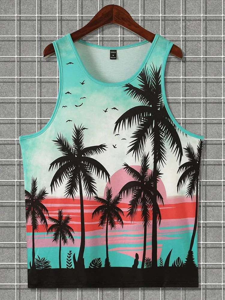Men's Hawaiian style sleeveless tank top in polyester pinhole cloth showing solid colour option