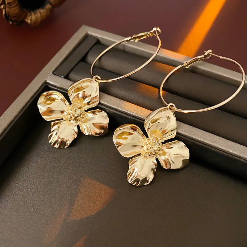 Metal flower geometric earrings with silver needle cold-processed style in gold or silver electroplated finish