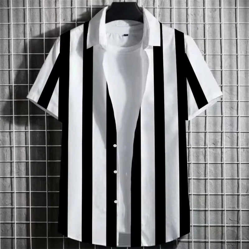 Man wearing a lightweight striped linen T-shirt with a 3D printed design.