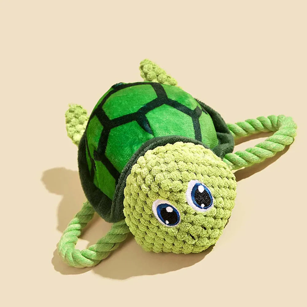 Turtle-shaped grey dog chewing toy with knotted rope core measuring 25cm