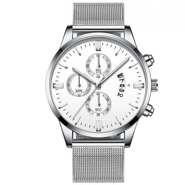 Men's stainless steel quartz watch with mesh band and two-tone case on wrist