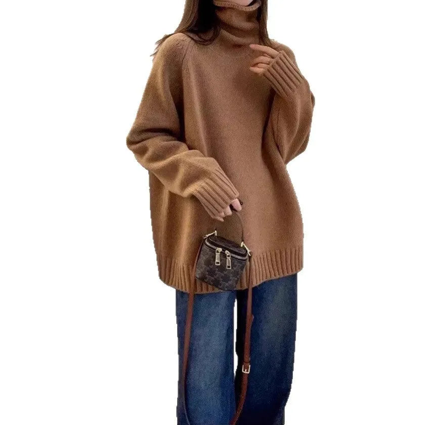 Red loose-fit women's turtleneck sweater with thick knit and a textured curling collar.