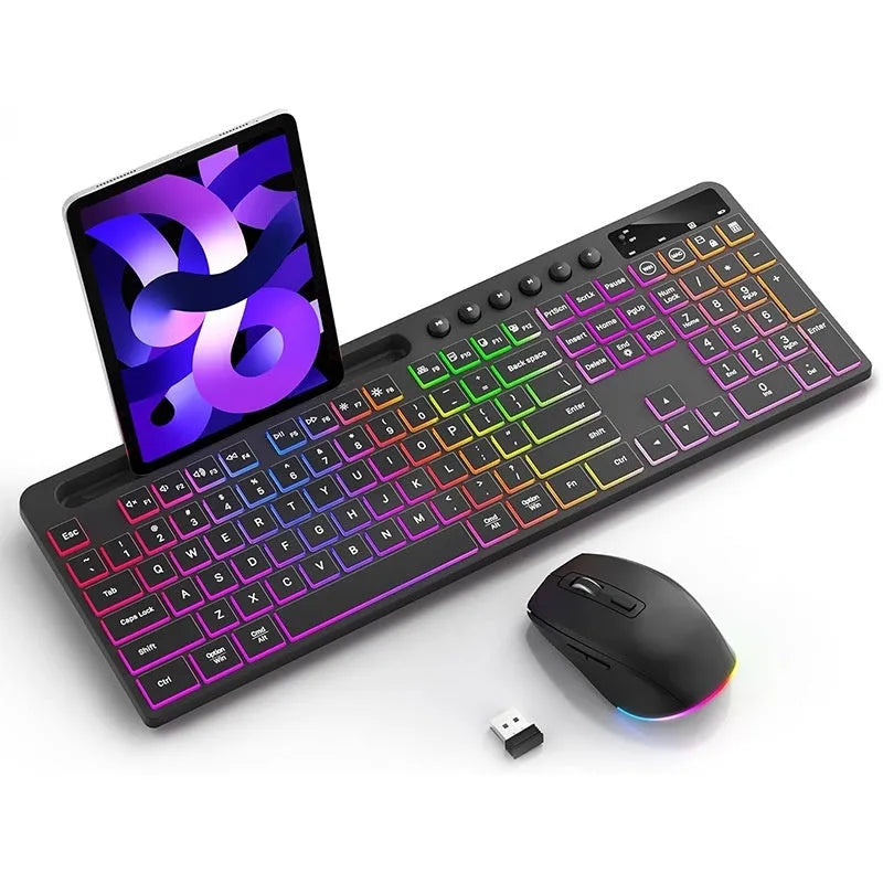 Wireless keyboard and mouse set with luminous keys and card slot on a desk