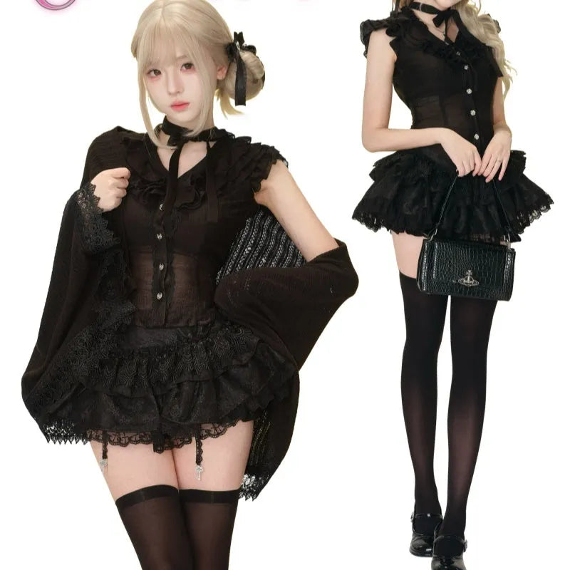 Black micro transparent top, lace cake dress, and knitted shawl three-piece Gothic set for women, summer style, Asian sizes