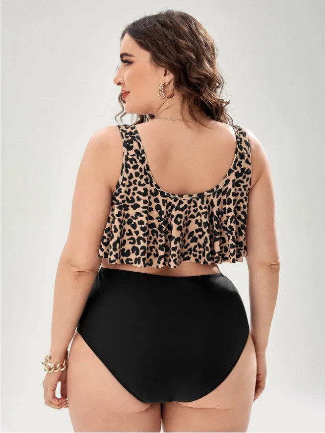 Plus size leopard print bikini swimsuit in graph colour with chest pad top and pants