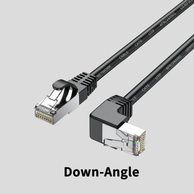 Right-angle Cat6 Ethernet cable with metal RJ45 connectors in various colours and lengths